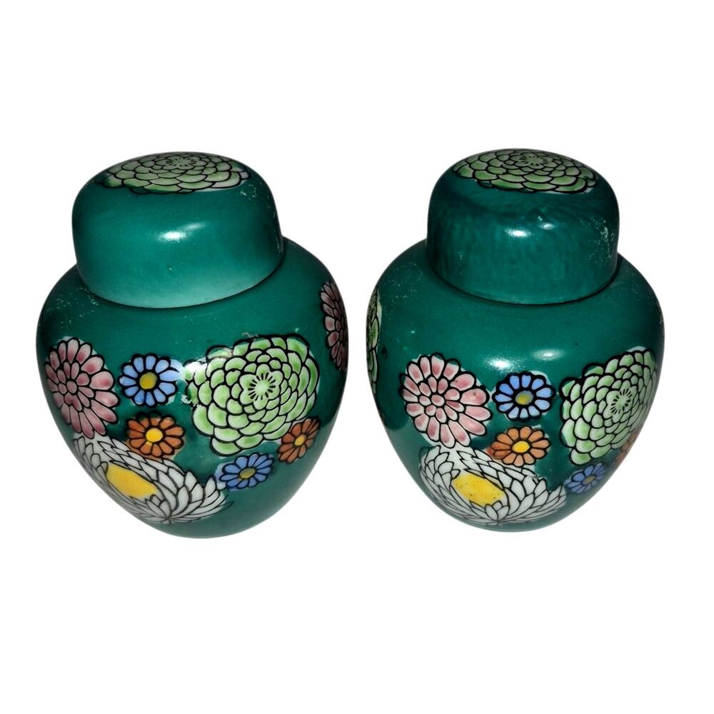Vintage Toyo Japanese Miniature Hand Painted Ceramic Ginger Jars with Lids 3"